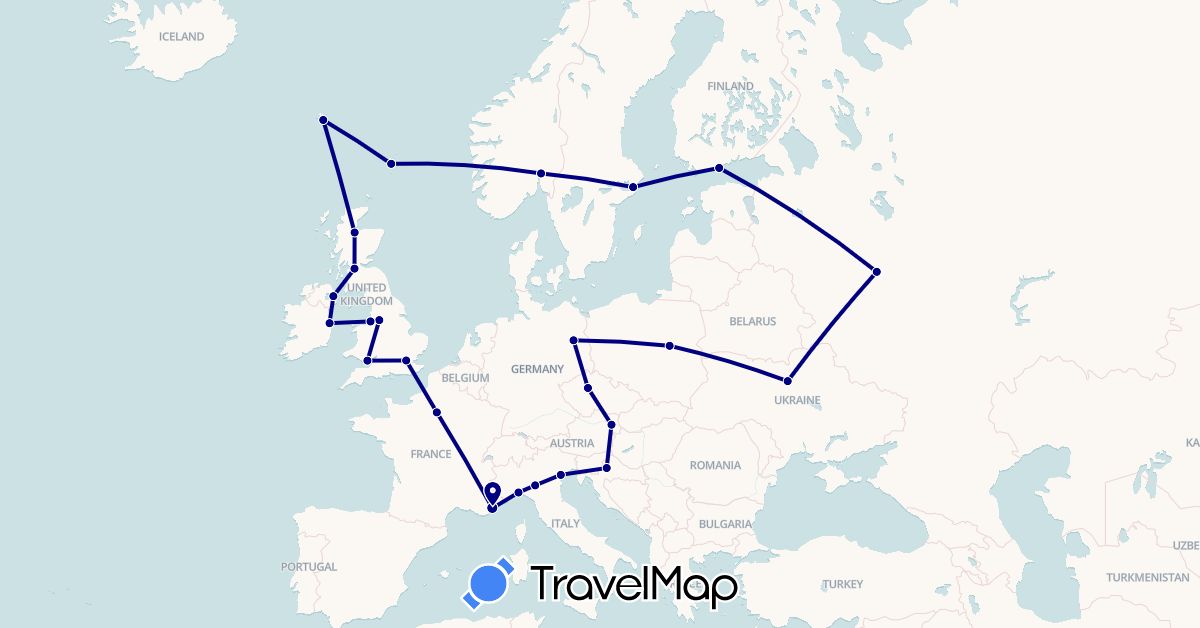 TravelMap itinerary: driving in Austria, Czech Republic, Germany, Finland, Faroe Islands, France, United Kingdom, Croatia, Ireland, Italy, Norway, Poland, Russia, Sweden, Ukraine (Europe)