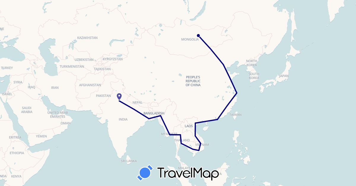 TravelMap itinerary: driving in China, India, Cambodia, Laos, Myanmar (Burma), Mongolia, Thailand, Vietnam (Asia)